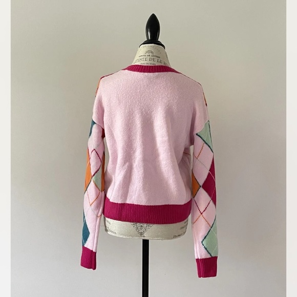 Halogen X Atlantic-Pacific Argyle Sweater In Pink Opal Argyle V-Neck NWOT - Picture 3 of 7